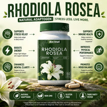 Docteat Rhodiola Rosea Capsules 60 CT Natural Adaptogen Daily Wellness Support Non-GMO Vegan Gluten-Free