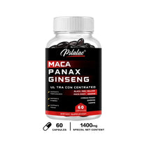 Maca Root Capsules 10,000 mg + Korean Ginseng 1,400 mg - Black + Red + Yellow Maca Root, High Strength Supplement Supplement