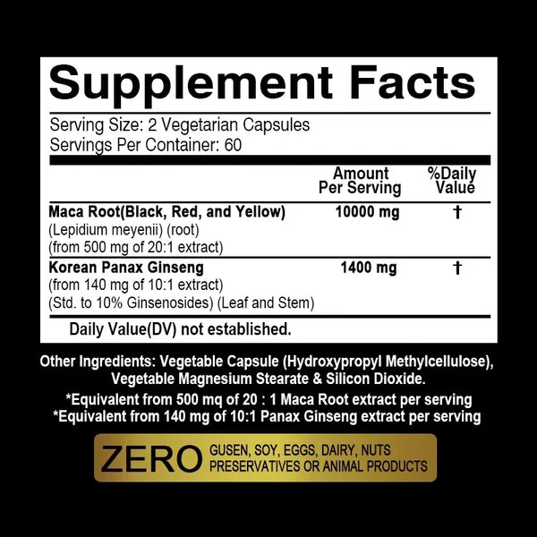 Maca Root Capsules 10,000 mg + Korean Ginseng 1,400 mg - Black + Re...