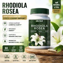 Docteat Rhodiola Rosea Capsules 60 CT Natural Adaptogen Daily Wellness Support Non-GMO Vegan Gluten-Free