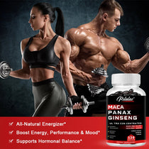 Maca Root Capsules 10,000 mg + Korean Ginseng 1,400 mg - Black + Red + Yellow Maca Root, High Strength Supplement Supplement