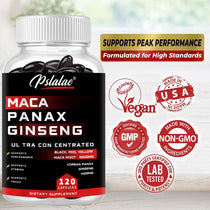 Maca Root Capsules 10,000 mg + Korean Ginseng 1,400 mg - Black + Red + Yellow Maca Root, High Strength Supplement Supplement